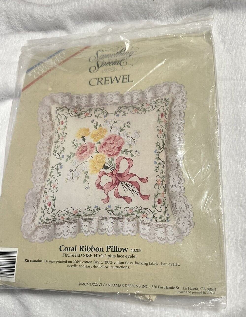 Vintage Candamar Something Special Crewel Coral Ribbon Pillow Kit 40205 14x14